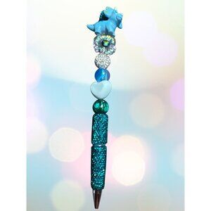 Blue Dinosaur Beaded Glitter Pen With Heart & Crystal Accents